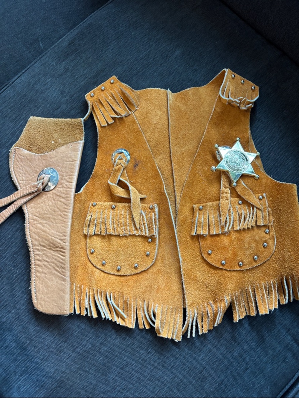 Children's Brown Suede Fringe Western Vest with Sheriff Badge